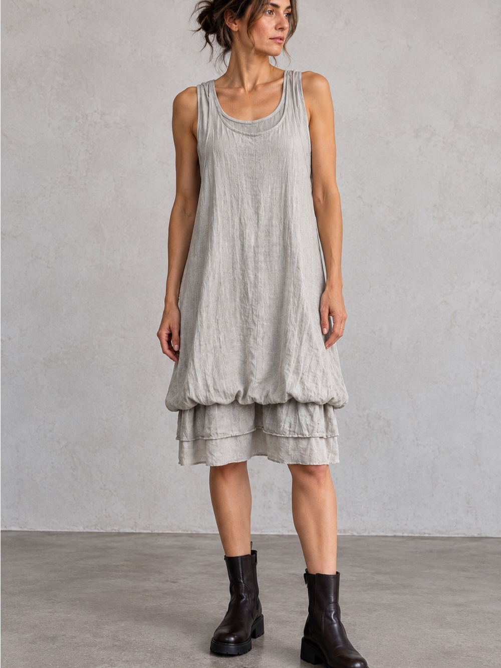 Ellamoda Tiered Bubble Hem Dress S/M Light Gray Lagenlook